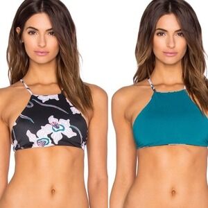 NEW Tavik Ryan Blossom Reversible Bikini Top High Neck Black Teal XS